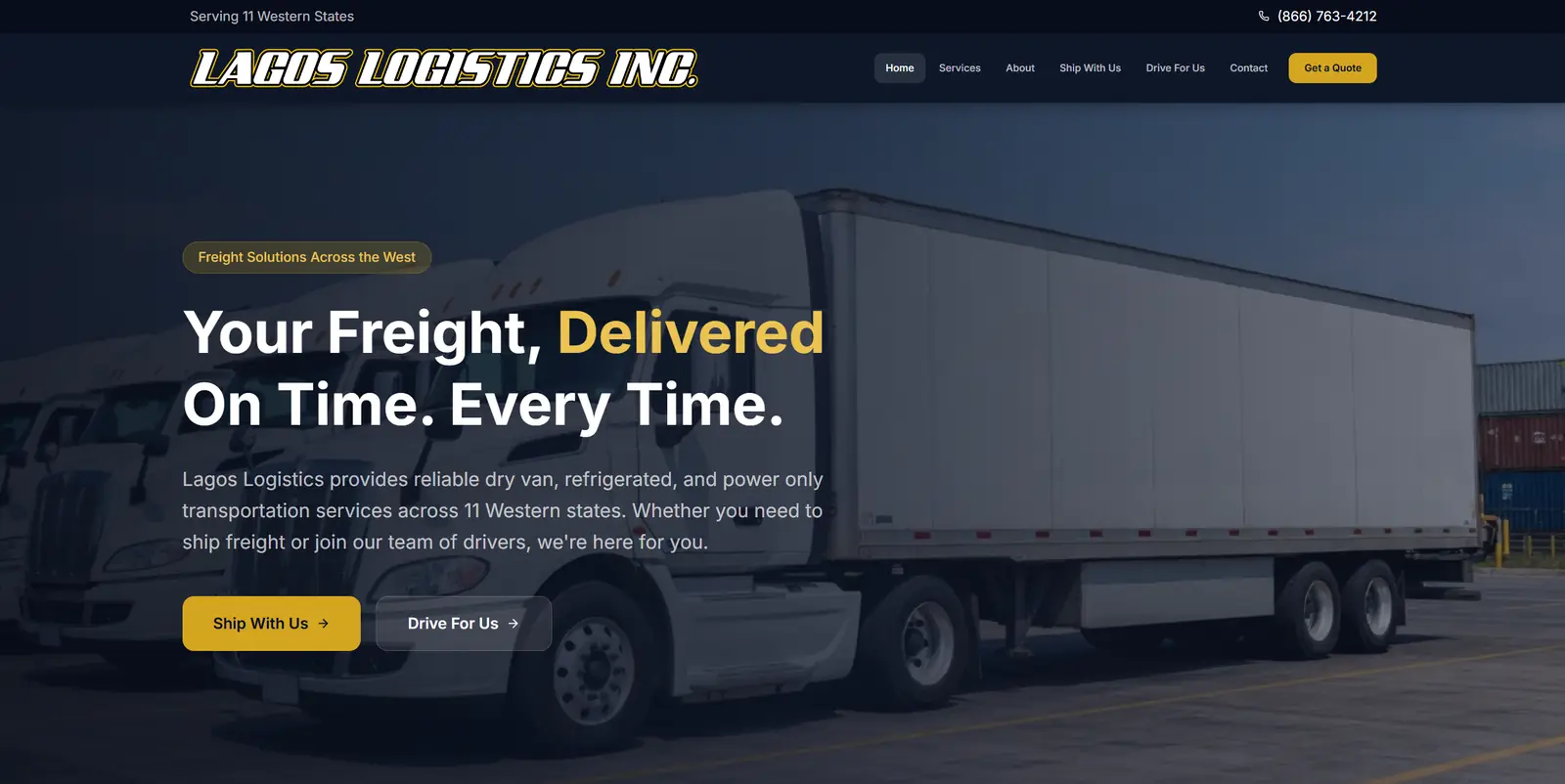 Lagos Logistics Inc. website screenshot showing the gold and navy freight carrier brand with shipper and driver call-to-action sections
