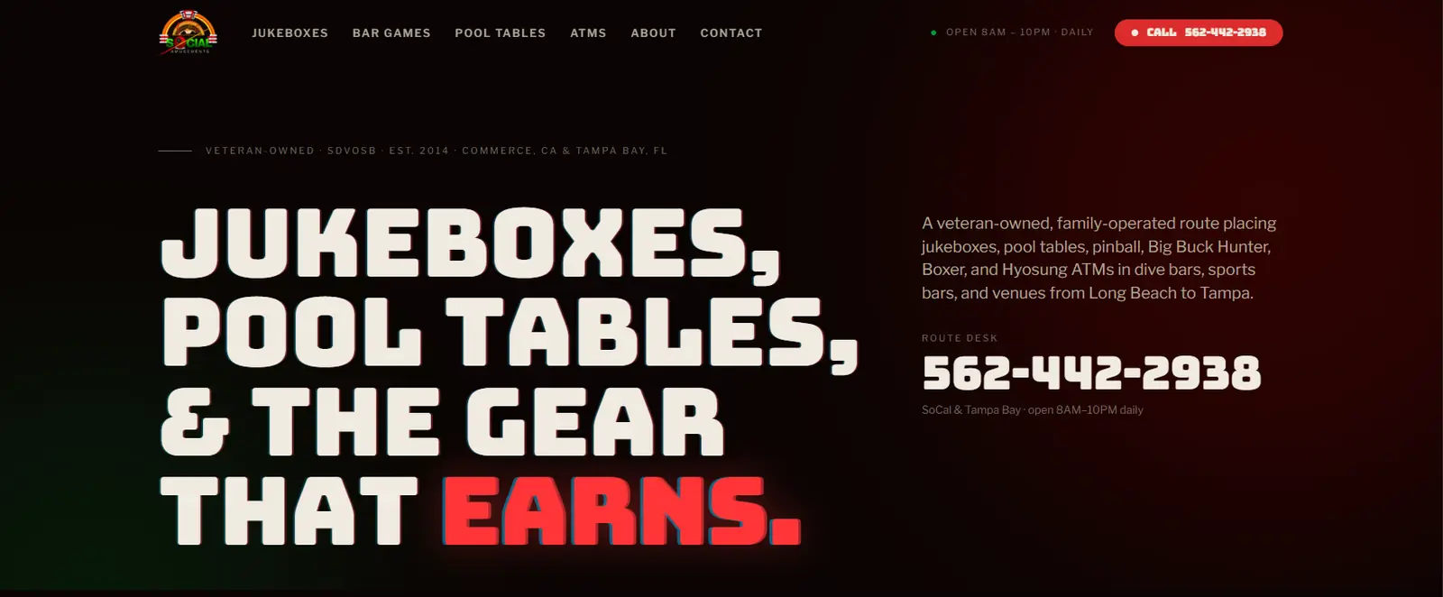 Social Amusements website screenshot showing the dark editorial brand for a veteran-owned route operator placing jukeboxes, pool tables, and ATMs in bars
